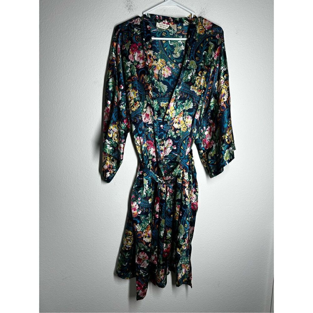 Vintage 90s Victoria's Secret Gold Label One Size Floral Robe Blue Lingerie Boho